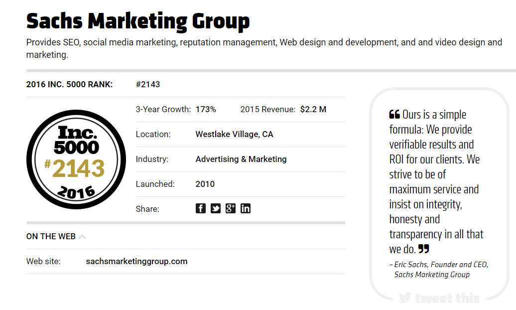 Inc 5000 List | Sachs Marketing Group