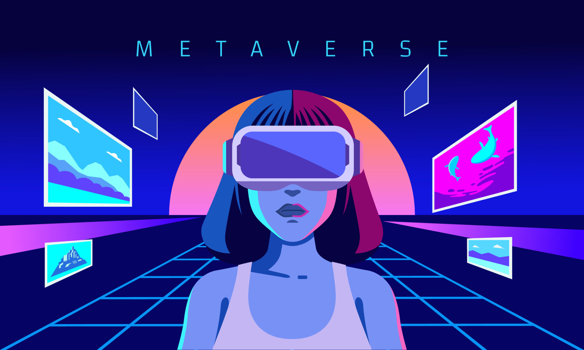 Metaverse Digital Virtual Reality Technology of a woman with glasses and a headset VR connected to the virtual space