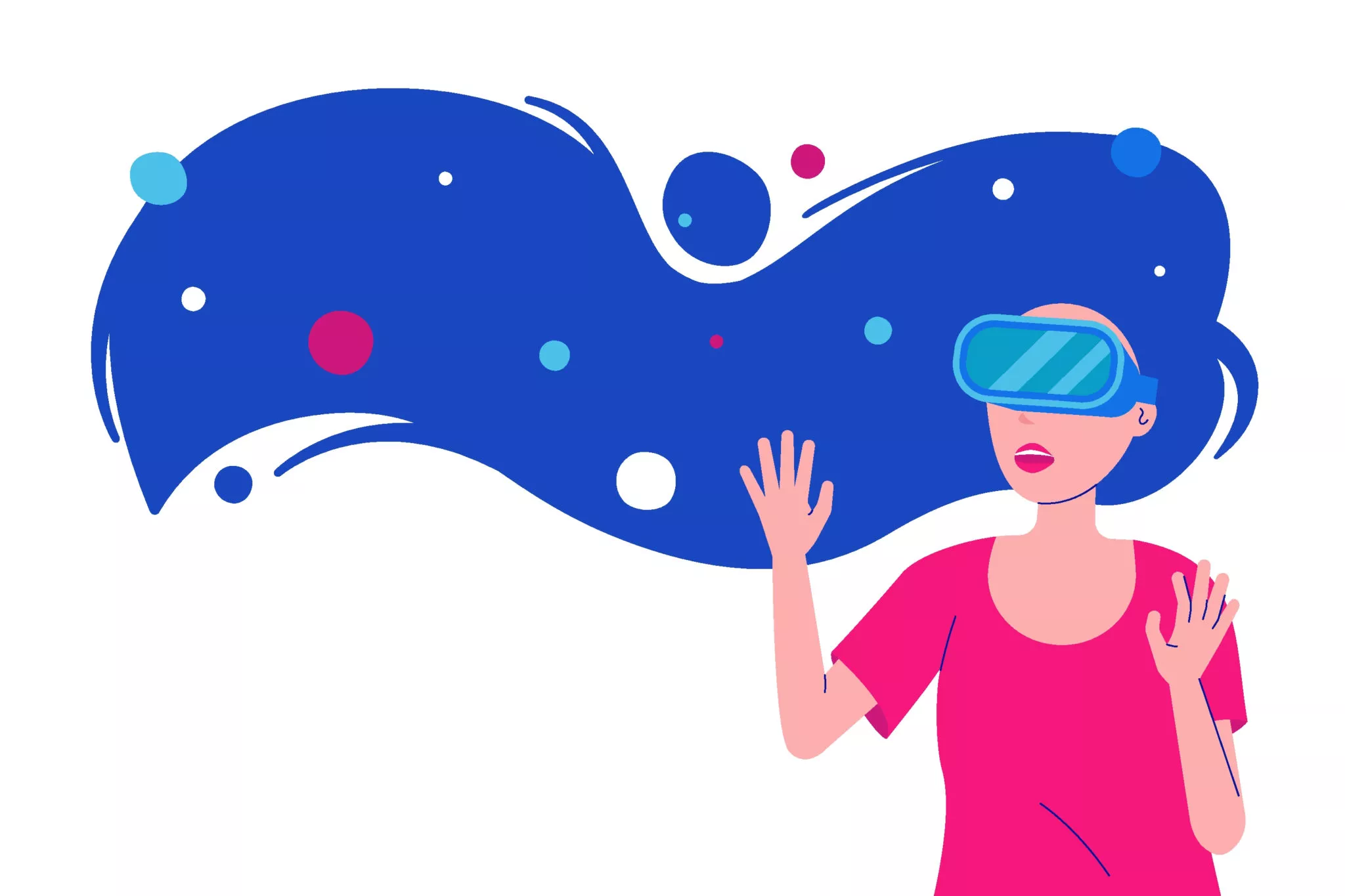 A woman in virtual reality glasses isolated. Metaverse technology illustration with empty space for text.