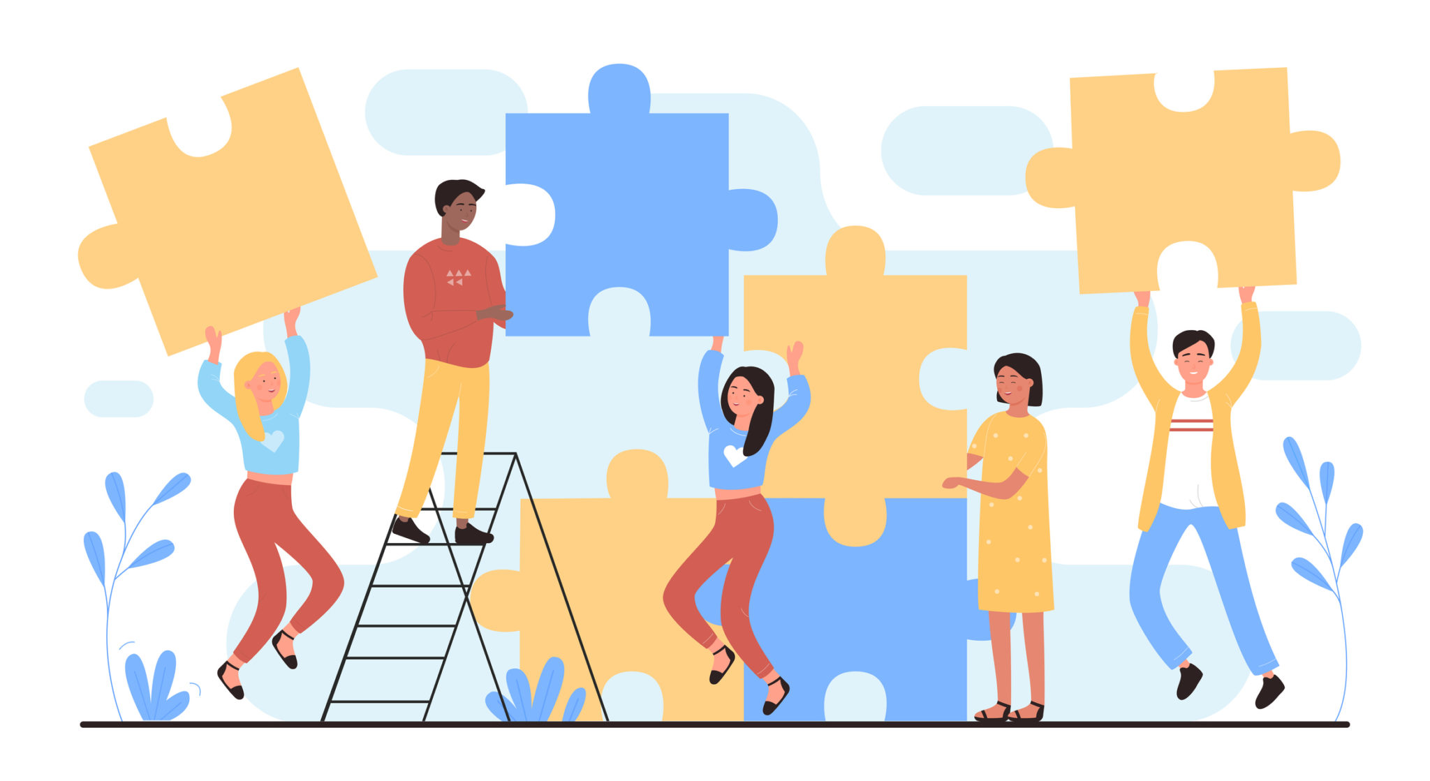 People connect puzzles flat vector illustration. Cartoon happy man woman young team of characters connecting puzzle pieces together. Teamwork building, successful partnership concept isolated on white