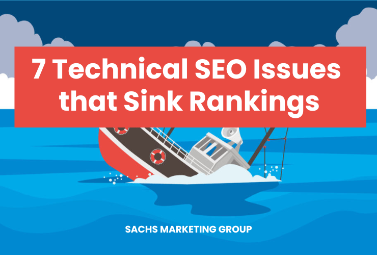 technical seo issues that sink rankings. illustration of boat sinking in the ocean.