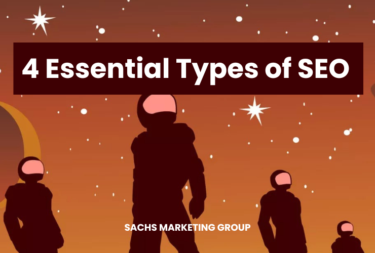 4 Essential Types of SEO. Illustration of four astronauts on strange planet with stars and rocket in background.