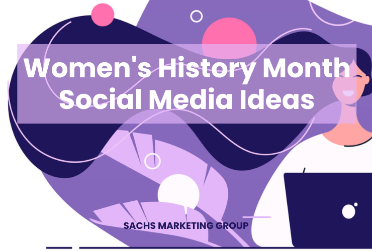 Women's History Month Social Media Ideas. Illustration of woman working on computer with purple abstract shapes in background
