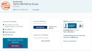 bbb rating sachs marketing group