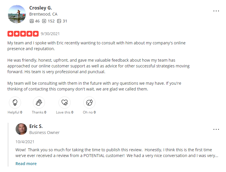 A Yelp review of Sachs Marketing Group and response from owner, Eric Sachs