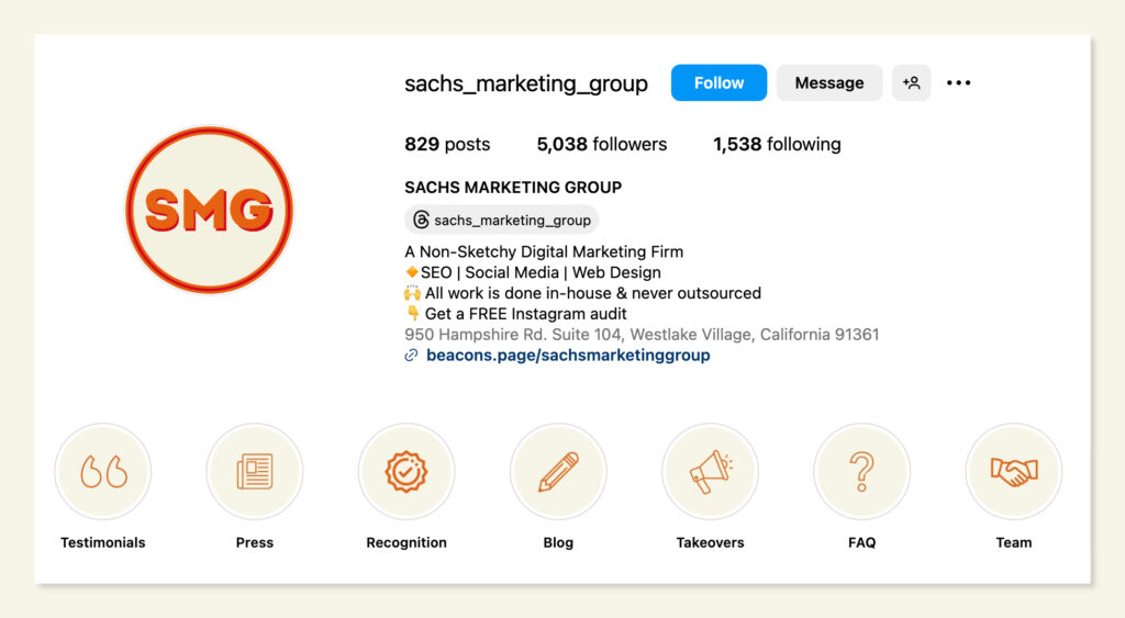 Sachs Marketing group's Instagram profile, optimized with logo, bio, and brand color