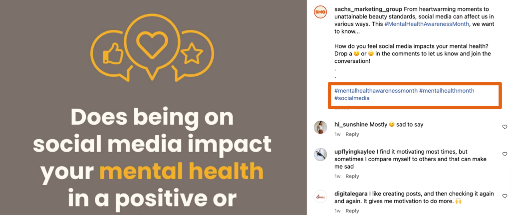 screenshot of Sachs Marketing Group's recent post on Instagram, using three hashtags (#mentalhealthawarenessmonth #mentalhealthmonth #socialmedia)