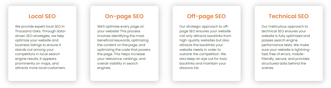 four boxes describing local SEO, on-page SEO, off-page SEO, and technical SEO services 