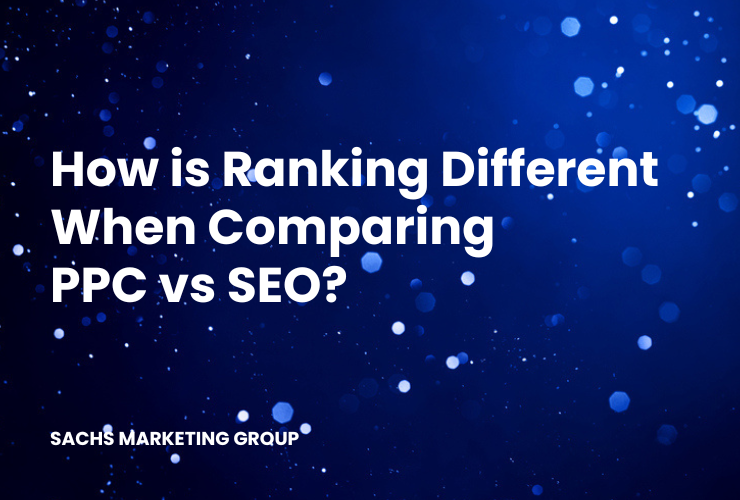 abstract blue bg with text "how is ranking different when comparing ppc vs seo?"