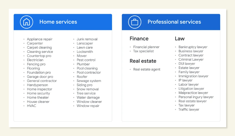 google local services ads home services and professional services categories