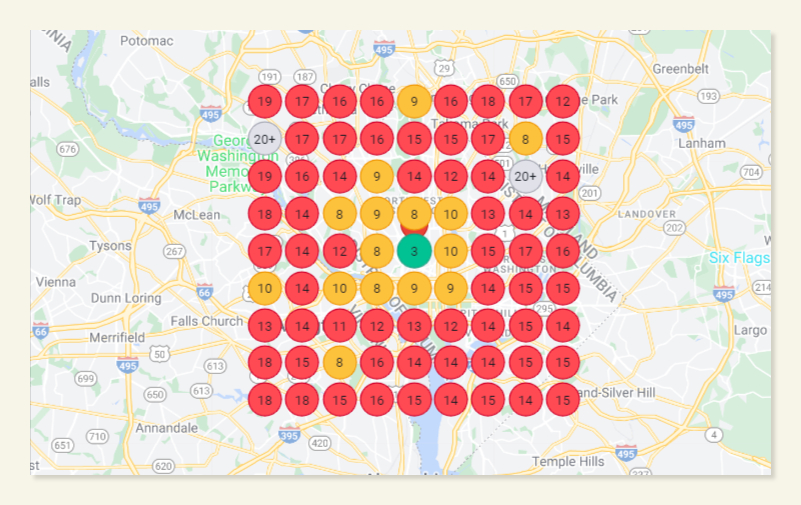 map with grid of rankings displaying poor local visibility