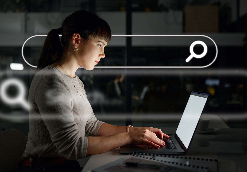 Night, overlay or woman typing to research web design on internet, website or online on laptop in office. Digital, iot or employee reading SEO information in overtime in dark workplace for big data