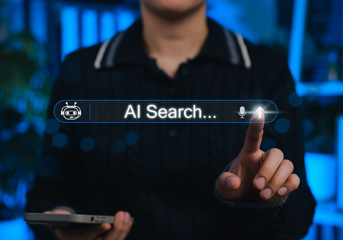 AI search engine technology concept. Woman interacts with search bar AI Search representing artificial intelligence, chatbot, data cloud, global connectivity and future search engine innovation. AEO, GEO,