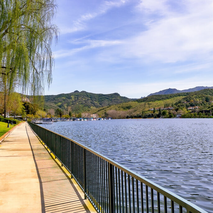 View of Westlake Village lake, a reservoir in an upscale community in Southern California.